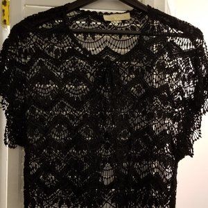 Vintage Women's Black Lace Short Sleeve Top / Blouse by Chase Holland, Size L